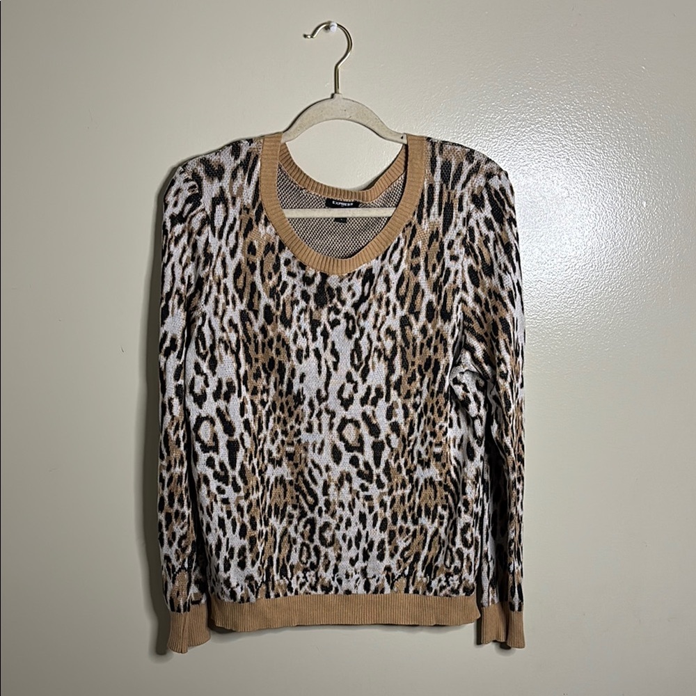 Express Brown and Tan Crew Neck Sweater with Animal Print